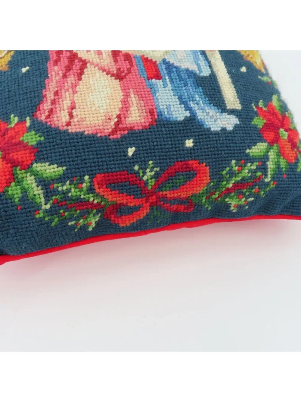 Vintage Needlepoint Praying Angel Children Red Flowers Bow Bells Square Pillow